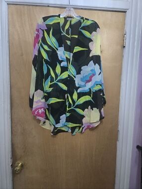 Sheer Floral Kimono Tunic - Black Multicolor